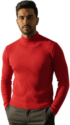 PEAK MOUNT Solid High Neck Casual Men Red Sweater
