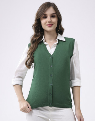 MONTE CARLO Solid V Neck Casual Women Dark Green Sweater