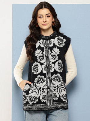 Roadster Floral Print Round Neck Casual Women Black Sweater