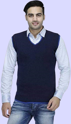COSLETIC Self Design, Solid V Neck Casual Men Dark Blue Sweater
