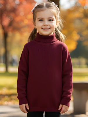 salvia Solid High Neck Casual Girls Maroon Sweater