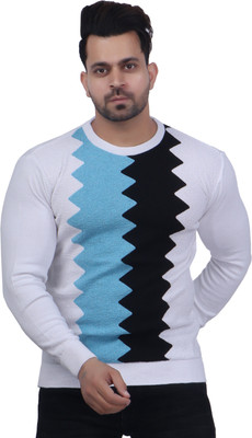 FEVERFEW Self Design Round Neck Casual Men White Sweater