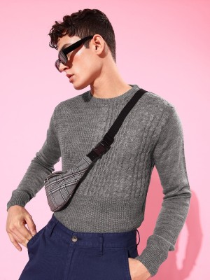 HARVARD Self Design Round Neck Casual Men Grey Sweater
