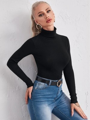 TANDUL Solid High Neck Casual Women Black Sweater
