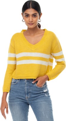 Yellow Molly Striped V Neck Casual Women Yellow Sweater