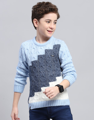 MONTE CARLO Self Design Round Neck Casual Boys Light Blue Sweater