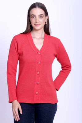 HouseOfCommon Self Design V Neck Casual Women Red Sweater