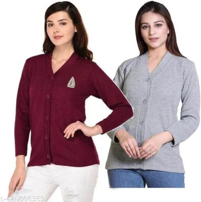 NIRMALA FASHIONS Solid V Neck Casual Women Maroon, Grey Sweater
