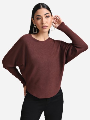 KAZO Solid Round Neck Casual Women Brown Sweater