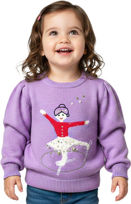 Yellow Apple Self Design Round Neck Casual Baby Girls Purple Sweater