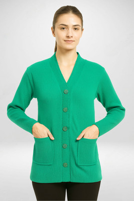 Basis Self Design V Neck Casual Women Green Sweater