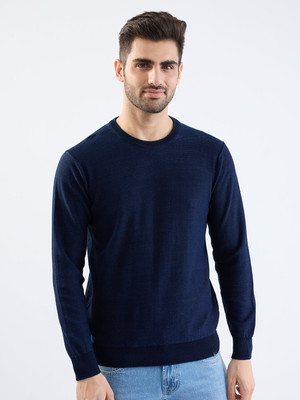 Spykar Solid Round Neck Casual Men Blue Sweater