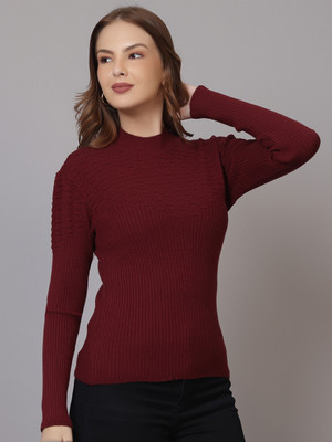 FEVERFEW Self Design High Neck Party Women Maroon Sweater