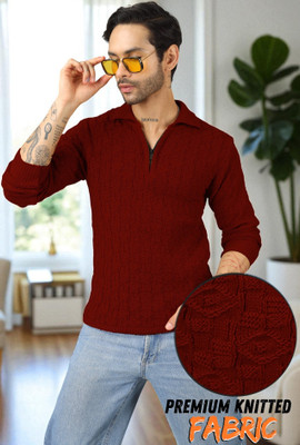 VERTICALS Self Design Collared Neck Party Men Maroon Sweater