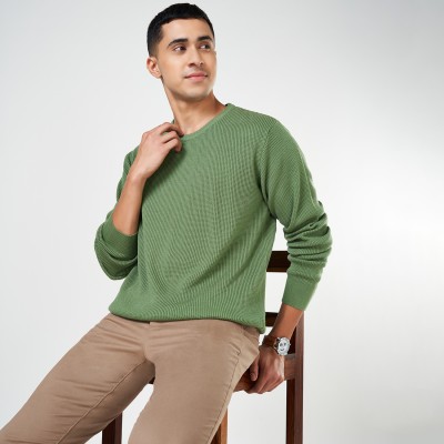 Byford by Pantaloons Solid Round Neck Casual Men Green Sweater