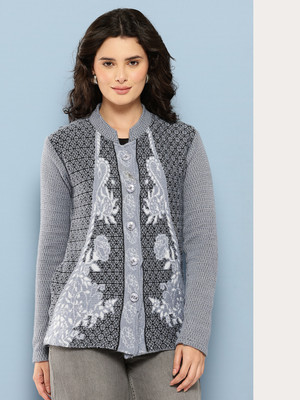 Roadster Printed Mandarin Neck Casual Women Grey Sweater