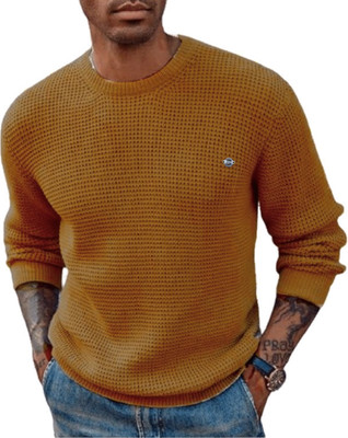 COLORCHAKRA Self Design Round Neck Casual Men Gold Sweater
