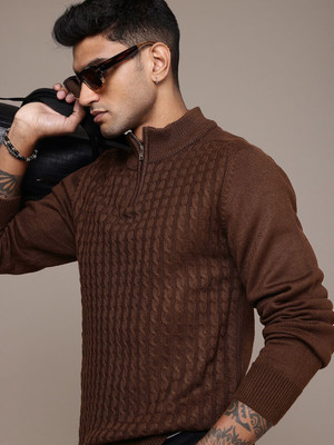 Roadster Self Design Mandarin Neck Casual Men Brown Sweater
