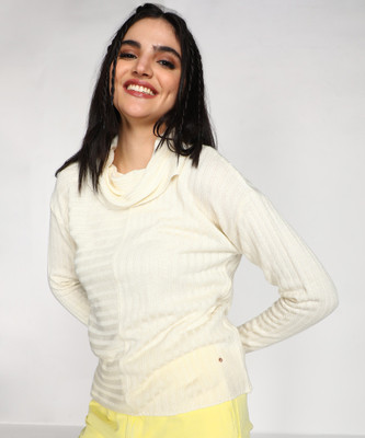 NUMERO UNO Self Design Cowl Neck Casual Women White Sweater