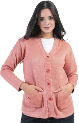 manra Solid V Neck Casual Women Pink Sweater