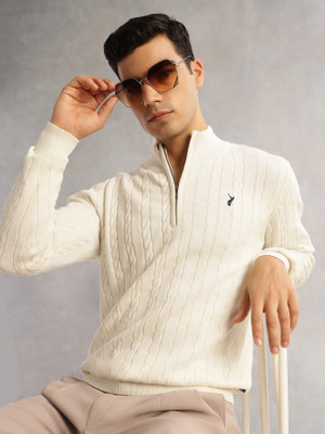 Thomas Scott Self Design High Neck Casual Men White Sweater