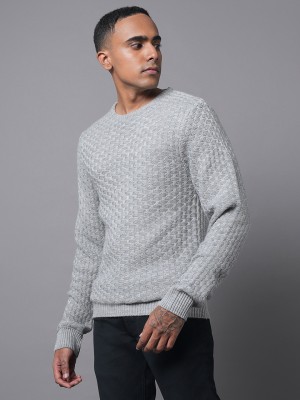 High Star Self Design Round Neck Casual Men Grey Sweater