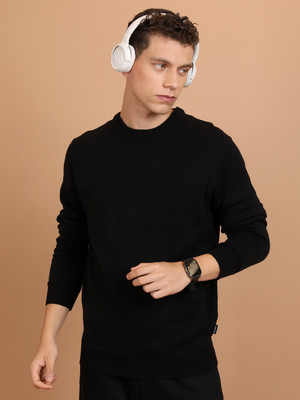 HIGHLANDER Solid Round Neck Casual Men Black Sweater