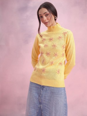 Dressberry Embroidered Turtle Neck Casual Women Yellow Sweater