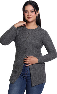 Varenyam Self Design Ruffle Neck Casual Women Grey Sweater