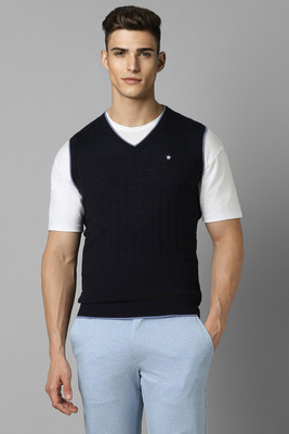 LOUIS PHILIPPE Self Design V Neck Casual Men Black Sweater