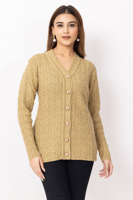 Dodge Self Design V Neck Casual Women Beige Sweater