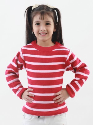 Knitco Striped Round Neck Casual Girls Red Sweater