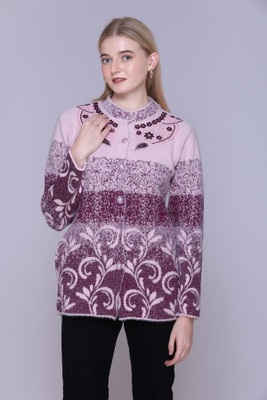 FASHSTORE Floral Print Mandarin Neck Casual Women Pink Sweater