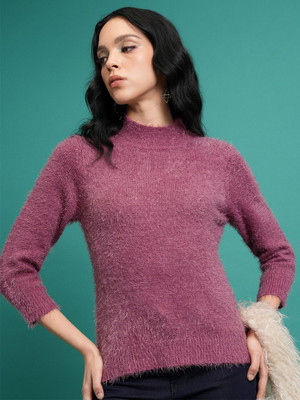 Tokyo Talkies Solid High Neck Casual Women Purple Sweater