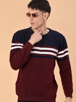 V-MART Colorblock Round Neck Casual Men Maroon, Black Sweater