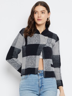 Zigo Checkered V Neck Casual Women Black Sweater