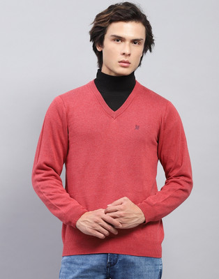 MONTE CARLO Solid V Neck Casual Men Pink Sweater