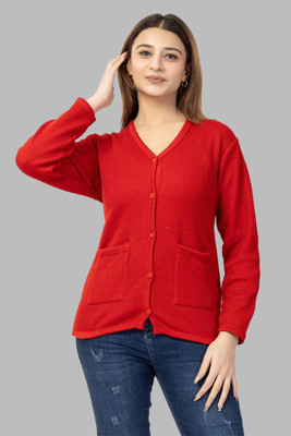 Harjot Self Design V Neck Casual Women Red Sweater