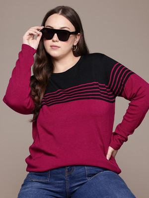 Roadster Striped Round Neck Casual Women Maroon Sweater