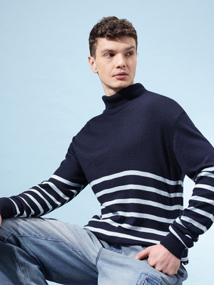 Glitchez Striped High Neck Casual Men Blue Sweater
