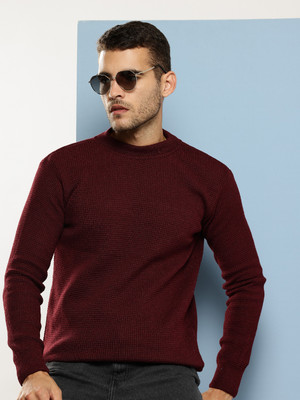 Roadster Self Design Round Neck Casual Men Maroon Sweater