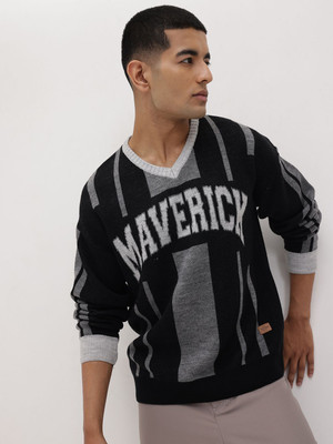 Roadster Self Design V Neck Casual Men Black Sweater