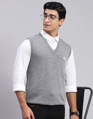 MONTE CARLO Solid V Neck Casual Men Grey Sweater