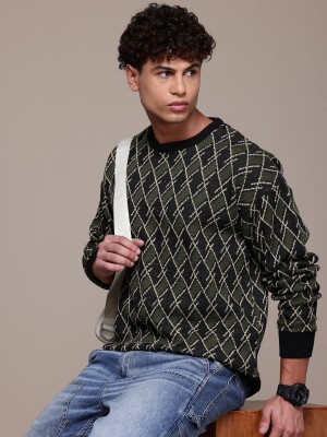 Roadster Checkered Round Neck Casual Men Green Sweater