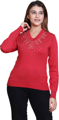 Ogarti Embellished V Neck Casual Women Red Sweater