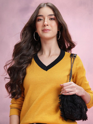 Dressberry Solid V Neck Casual Women Yellow Sweater