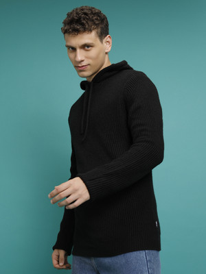 HIGHLANDER Solid Hooded Neck Casual Men Black Sweater