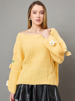 KASMA Self Design Round Neck Casual Women Gold Sweater