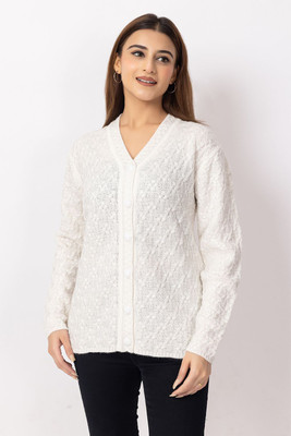 Dodge Self Design V Neck Casual Women White Sweater