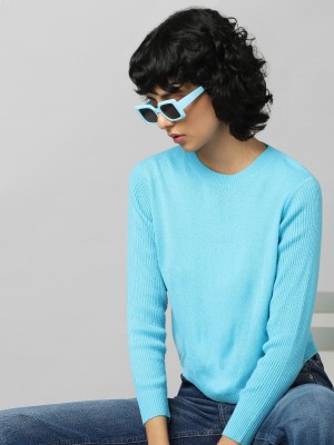 ONLY Solid Round Neck Casual Women Blue Sweater